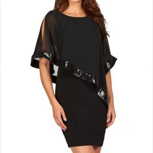 Chiasso Black Asymmetrical Sequin Overlay Cold Shoulder Mini‎ Dress 6